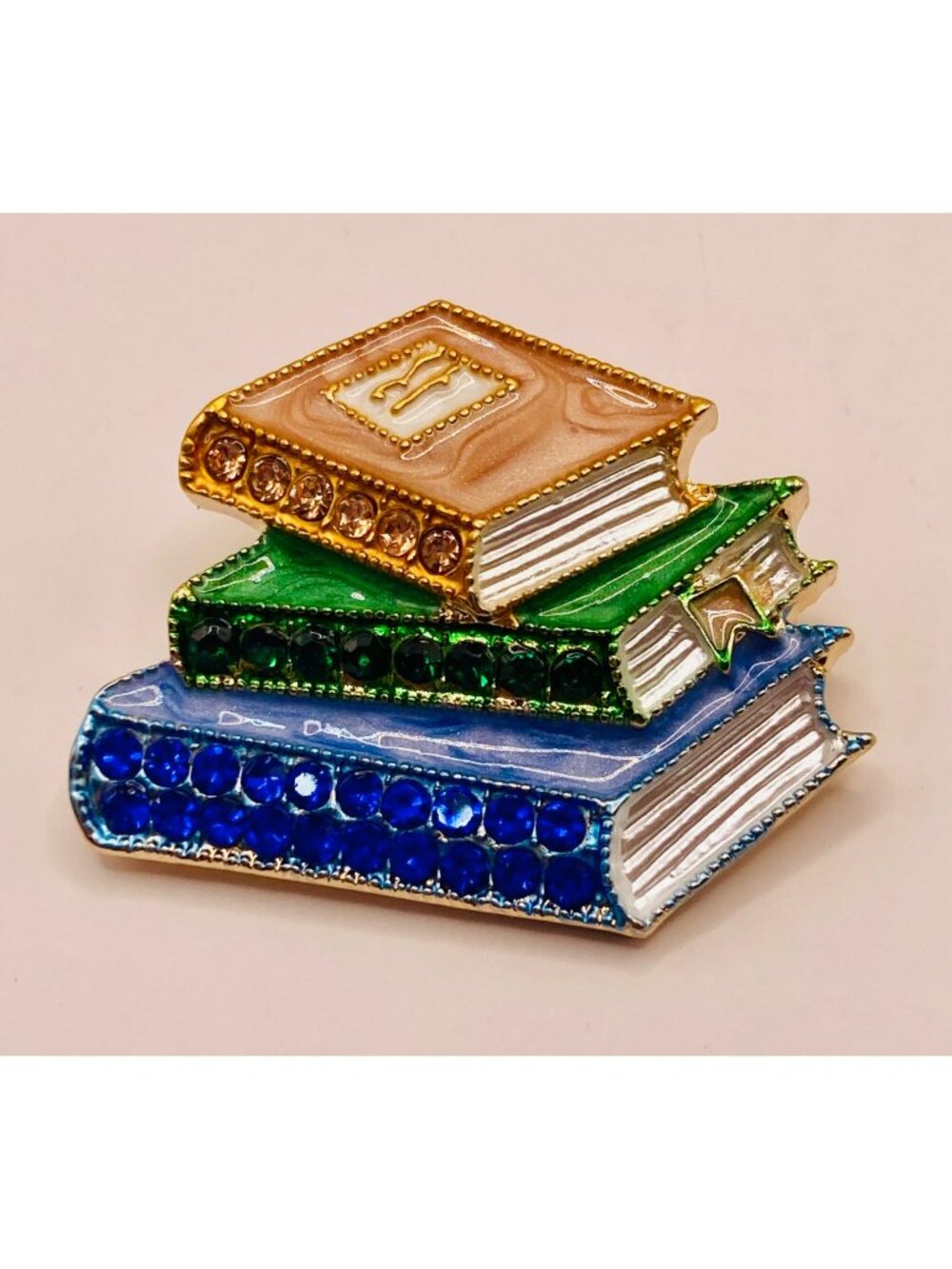 Stacked Books Enamel & Rhinestone Gold-Tone Brooch Pin Multicolor -26B